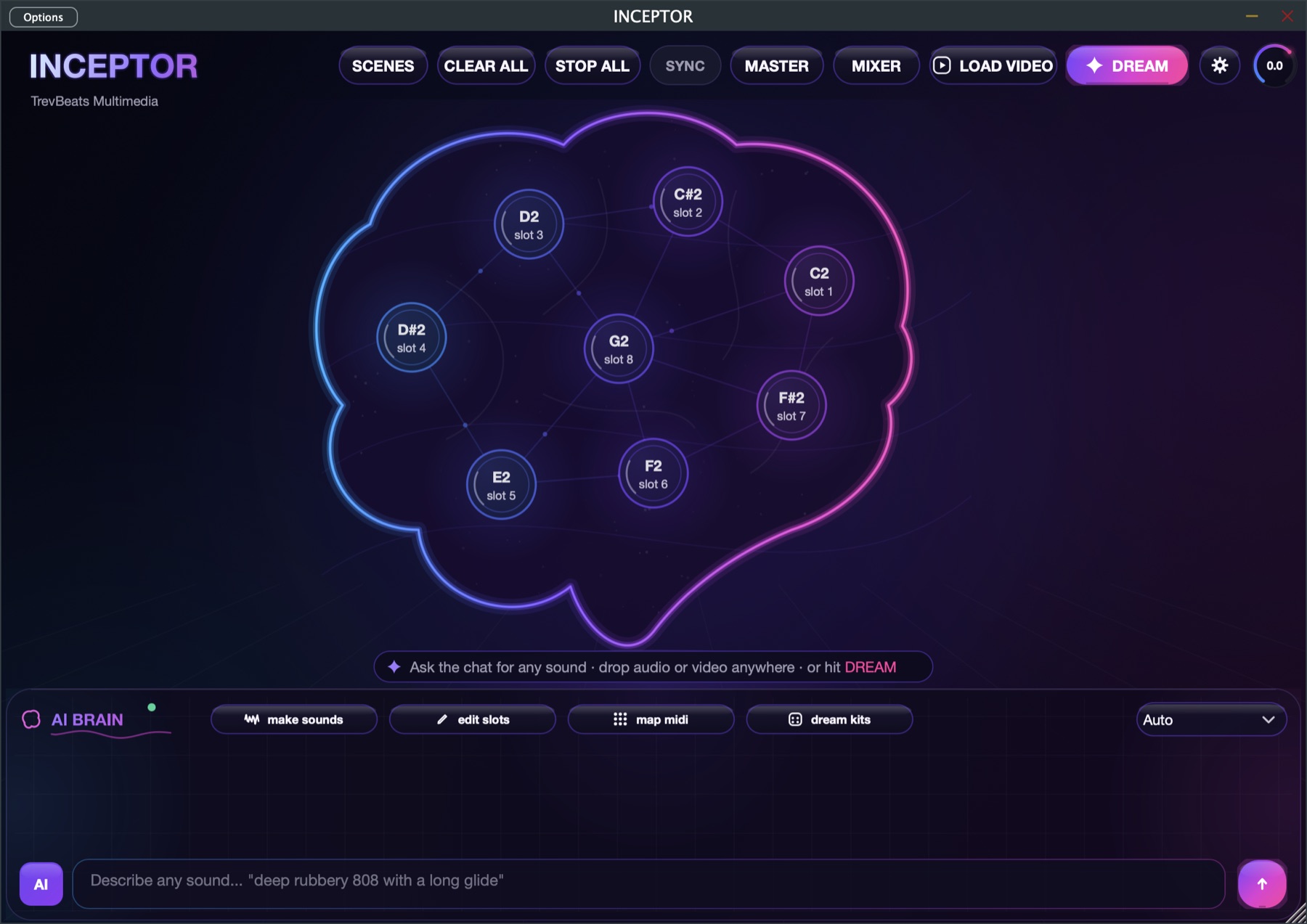 INCEPTOR plugin interface — neon brain with 8 neuron pads and AI console
